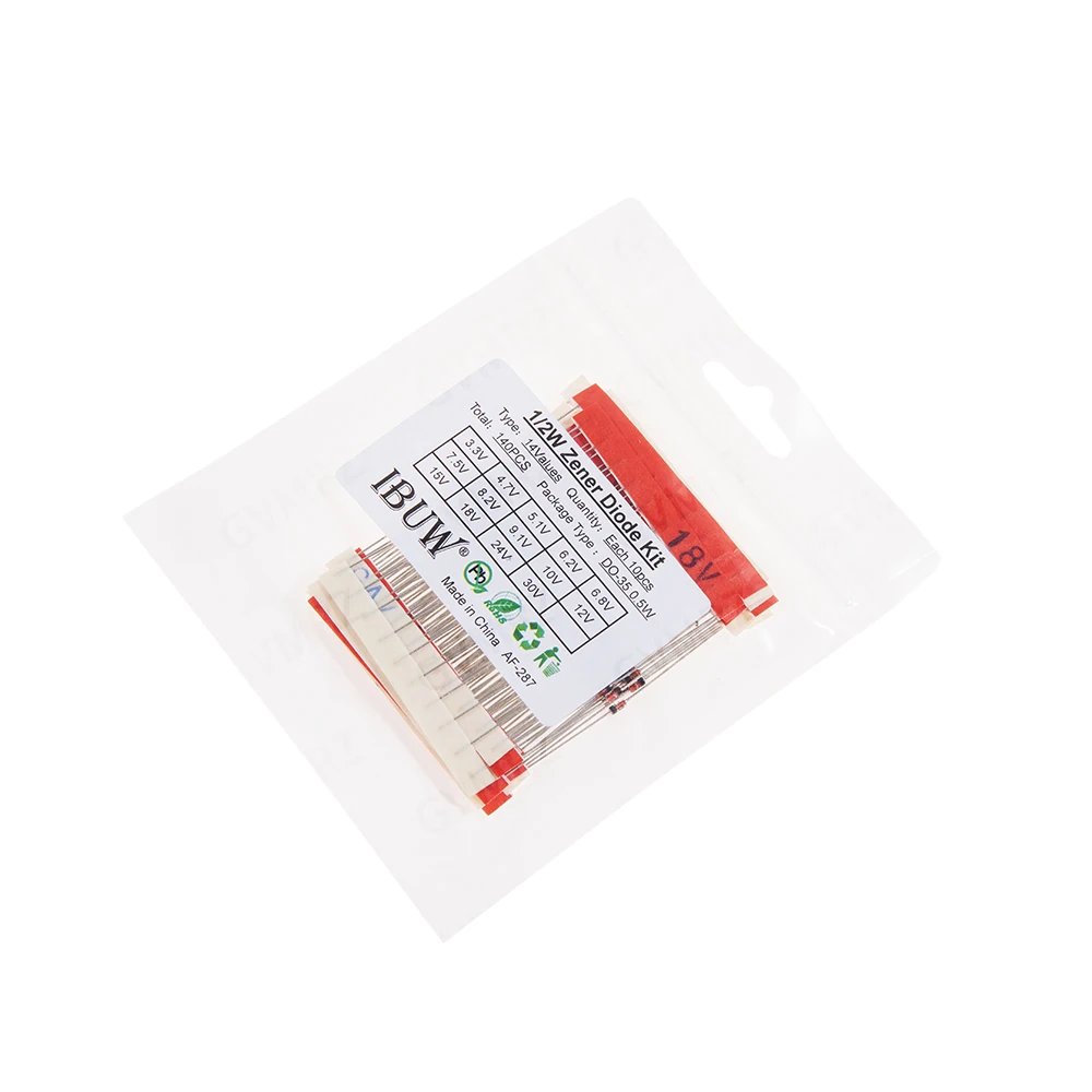 140PCS 14Values 4.7V 5.1V 6.2V 6.8V  1/2W Zener Diode Kit 3.3V-30V DO-35 0.5W for Voltage Regulation Electronic Projects 7.5V
