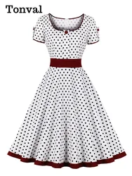 Tonval 95% Cotton Square Neck 50s Pinup Robe Polka Dot Vintage Dress Women High Waist A-Line Elegant Clothes Midi Dresses