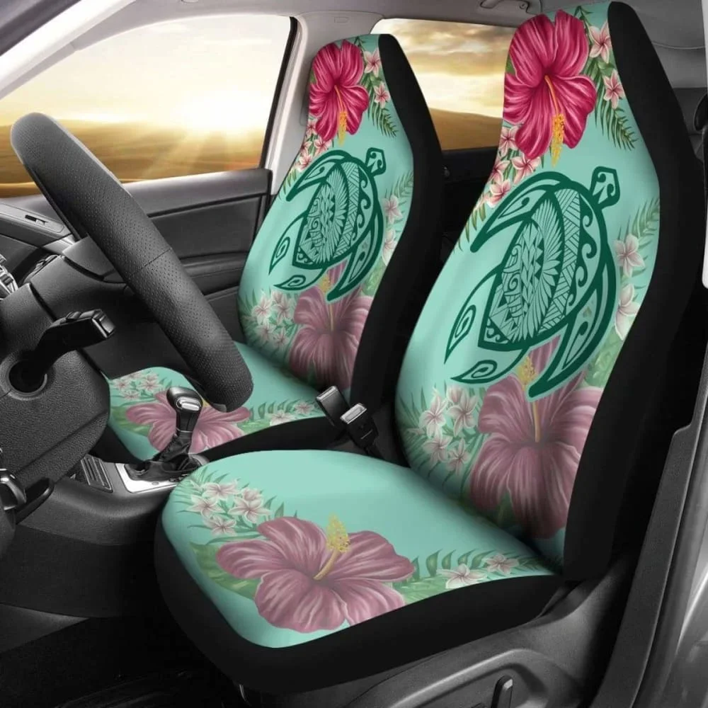 Hawaii Turtle Hibiscus Plumeria Car Set Cover Hug Style New Awesome Pack of 2 Universal Front Seat Protective Cover