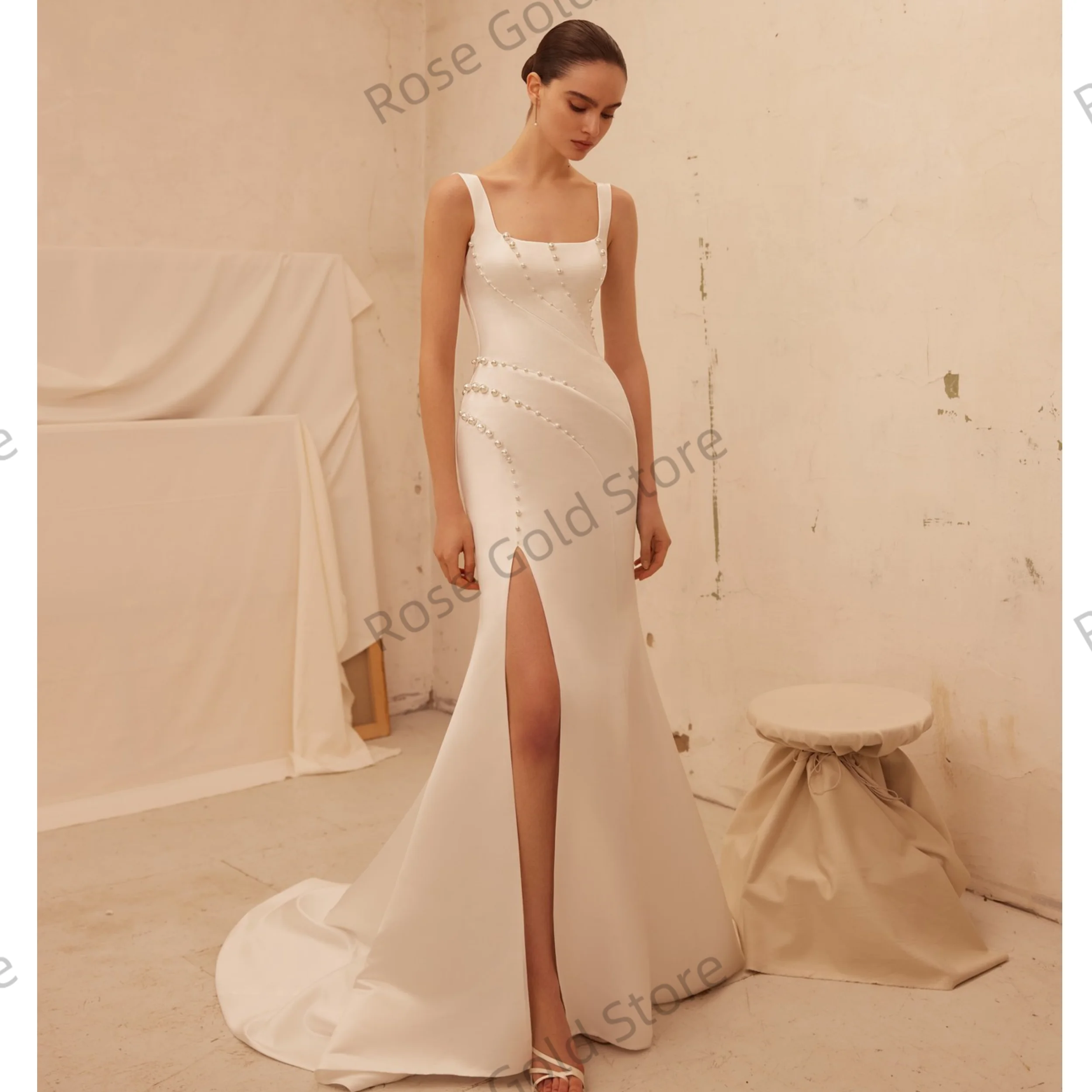 여성을위한 우아한 인어 웨딩 드레스 스테인 ​​칼라 진주 신부 가운 백리스 사이드 슬릿 로브 드 Soriee 맞춤형