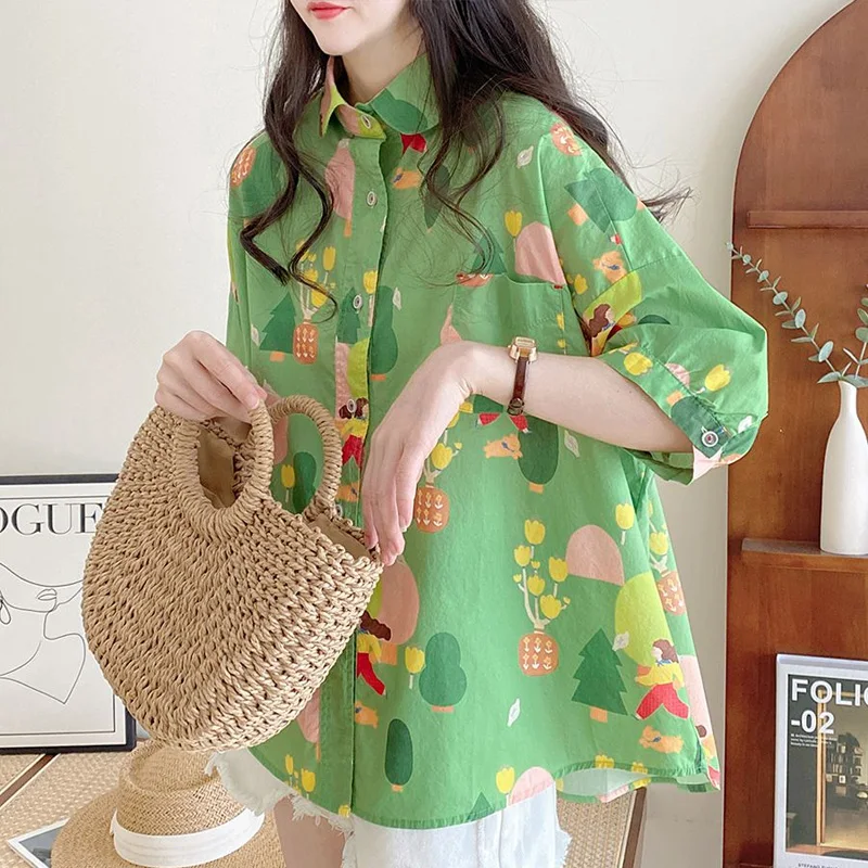 Summer New Doll Collar Fashion Printing Shirt Women High Street Casual Loose Button Cardigan Sweet Pure Cotton All-match Tops