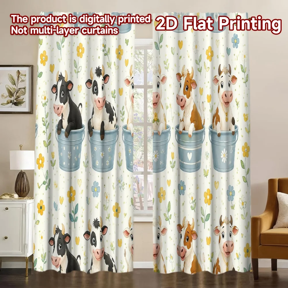 2D FLAT PRINTING 2pcs Curtains (Without Rod) Cows in Buckets Popular Print Curtains Versatile Durable Polyester Curtains