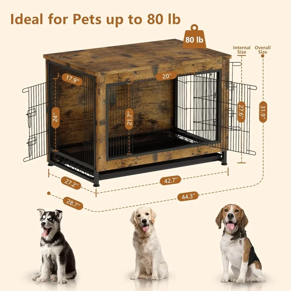 Dog Crate, Heavy Duty Crate End Table with Pull Out Tray for Large and 3 Door Pet Kennel Indoor Furniture, Dog Crate