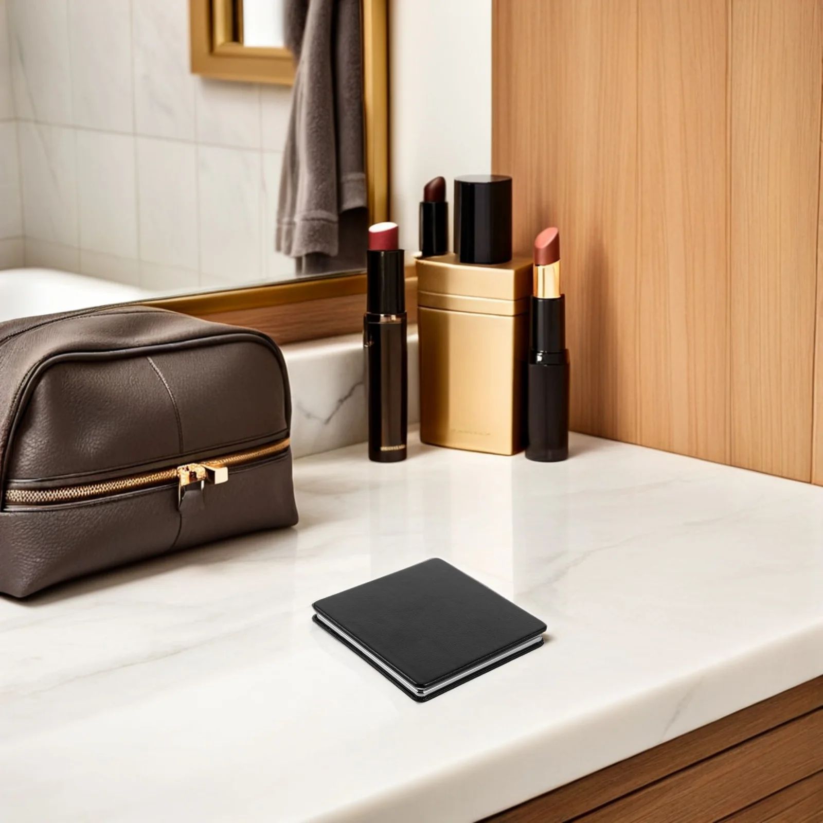 Compact Folding Travel Mirror Mini Handheld Pocket Vanity Rectangular Black Purse Handbag Backpack Office Desk Use