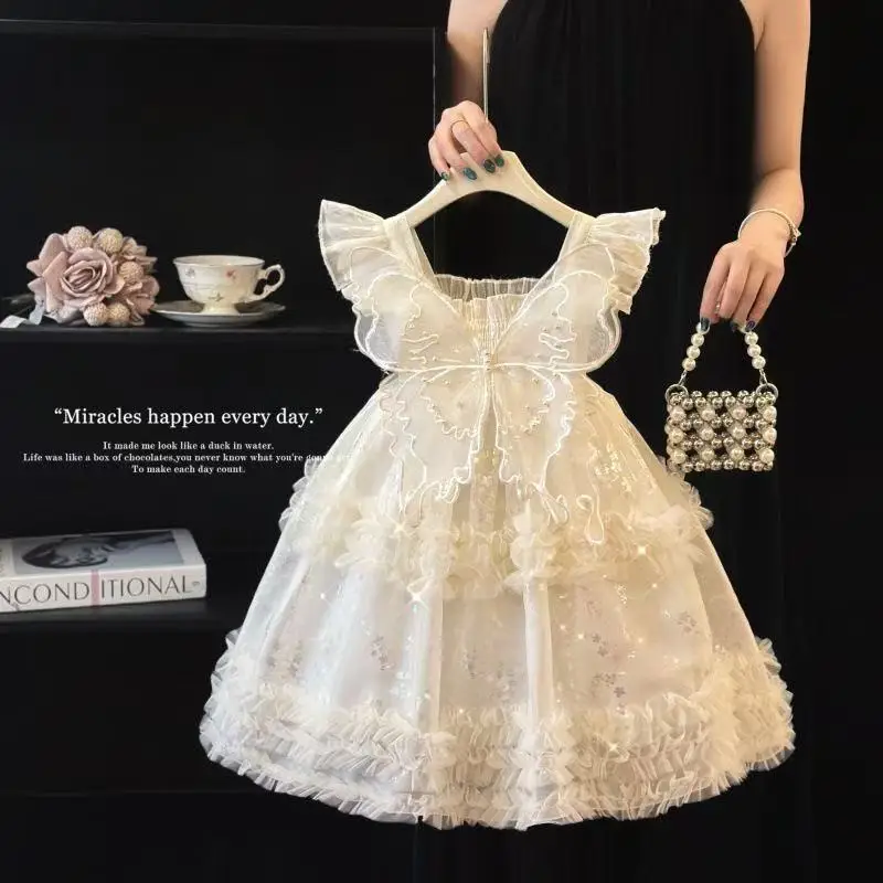 2026 Summer Girls Cami Dress Flutter Sleeve Sleeveless Tutu Gown Butterfly Layered Mesh Cake Skirt for 100-150cm