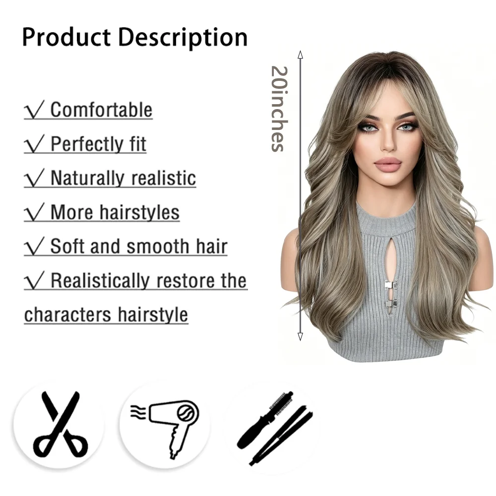 Balayage Ash Blonde Long Layered Wavy Wig For Women Curtain Bangs Ombre Brown Heat Resistant Synthetic Hair Office Daily Wear