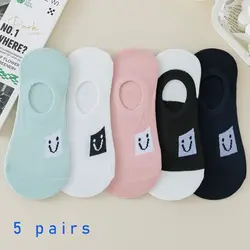 5 Pairs of WOMEN'S Invisible Socks, Smiling Face Letters, Anti Slip Summer Ankle Socks, Casual Breathable Thin Boat Socks