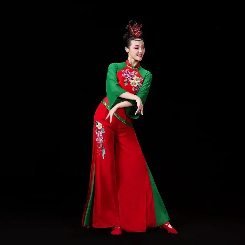 Abito da spettacolo di danza classica Yangko Elegante ombrello a ventaglio Costume da ballo tradizionale cinese antico Hanfu Yangko