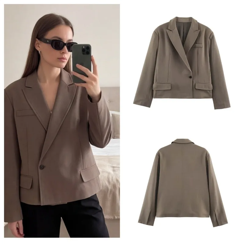 Guobioziy Women's  Early Autumn New Smart  Versatile Long Sleeve Lapel Loose Short Blazer Jacket for Office Work