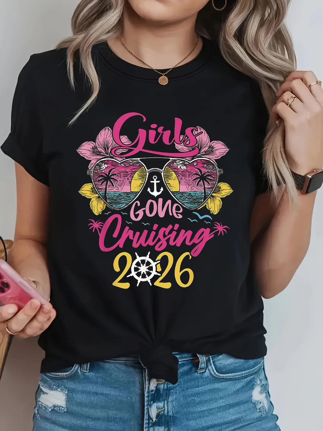 여성용 티셔츠 반팔 Girls Gone Cruising 2026 레터 프린트 크루넥 캐주얼 홀리데이 바이브 탑 여름 및 봄용