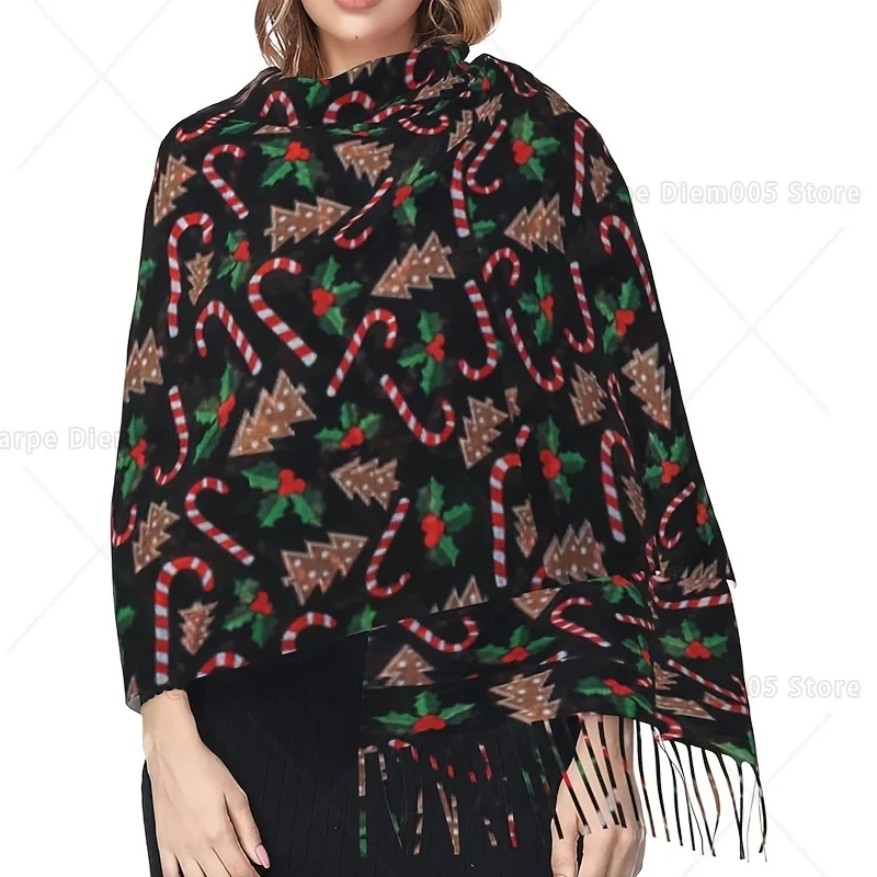 

Праздничная рождественская елка и карамельная трость, богемный шарф с кисточками, толстый, теплый, мягкий, удобный, осенне-зимний, защита от холода