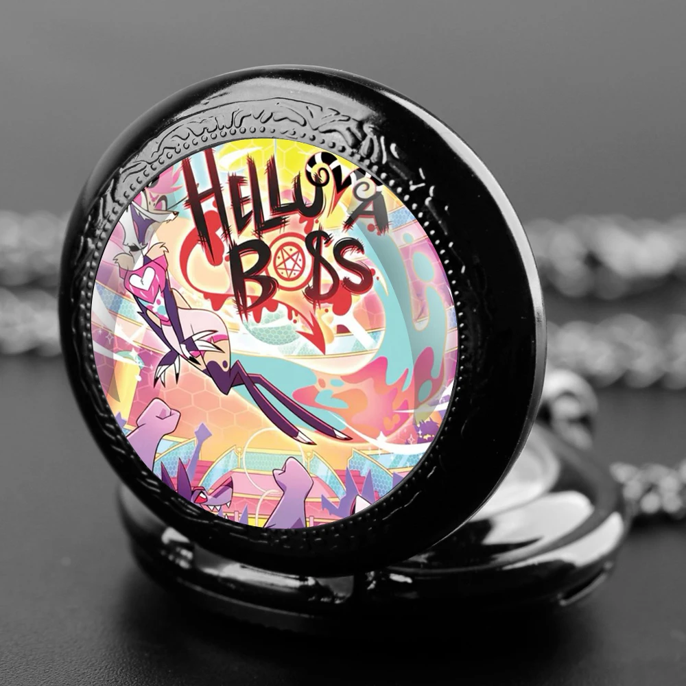 Hot Cartoon Helluva Boss Glass Dome Pocket Watch with Chain Necklace Vintage Quartz Pendant Watches Mens Women Gifts for Kids