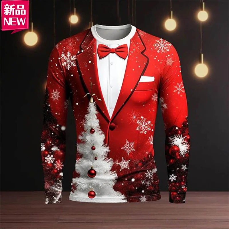 

Мужской рождественский костюм, футболка с длинным рукавом и принтом, красная со снежинками, белое дерево, галстук-бабочка, праздничная праздничная одежда