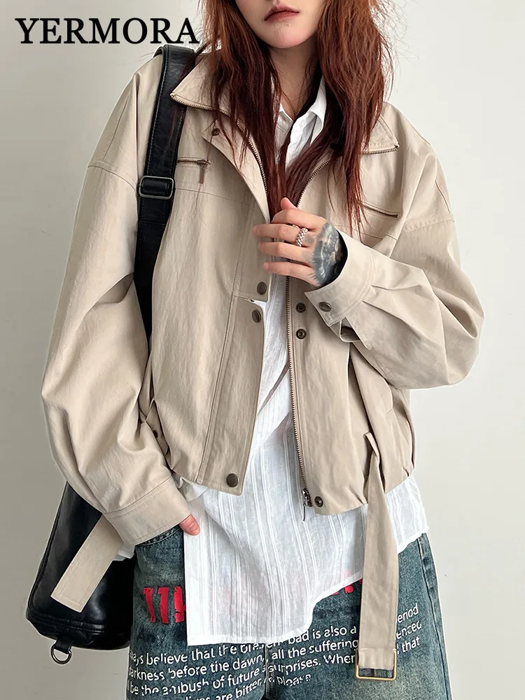 

YERMORA Khaki Design Belted Casual Short Jacket For Women Lapel Long Sleeve Loose New Coat Fashion Tide Spring Autumn 2025