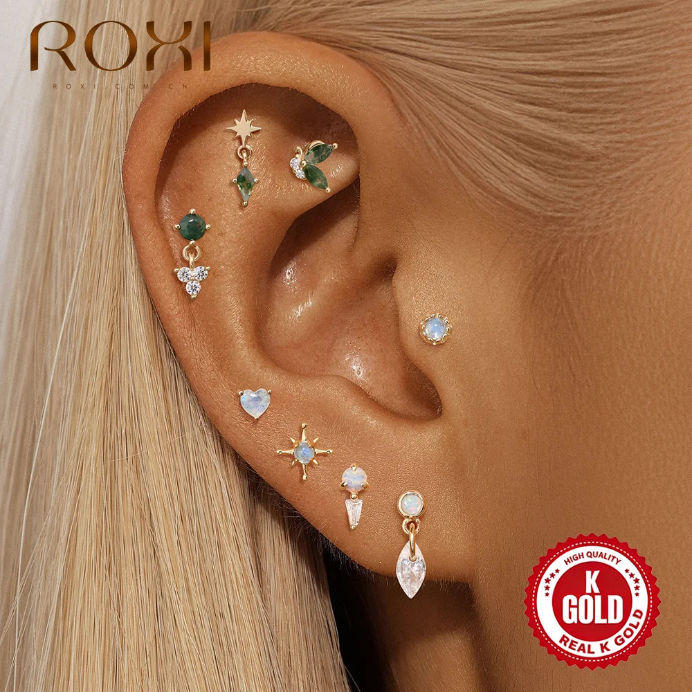 

ROXI 14K Solid Gold Geometric Moss Agate Piercing Flat Back Earrings For Women Heart/Star MoonStone Dainty Luxury Party Gifts