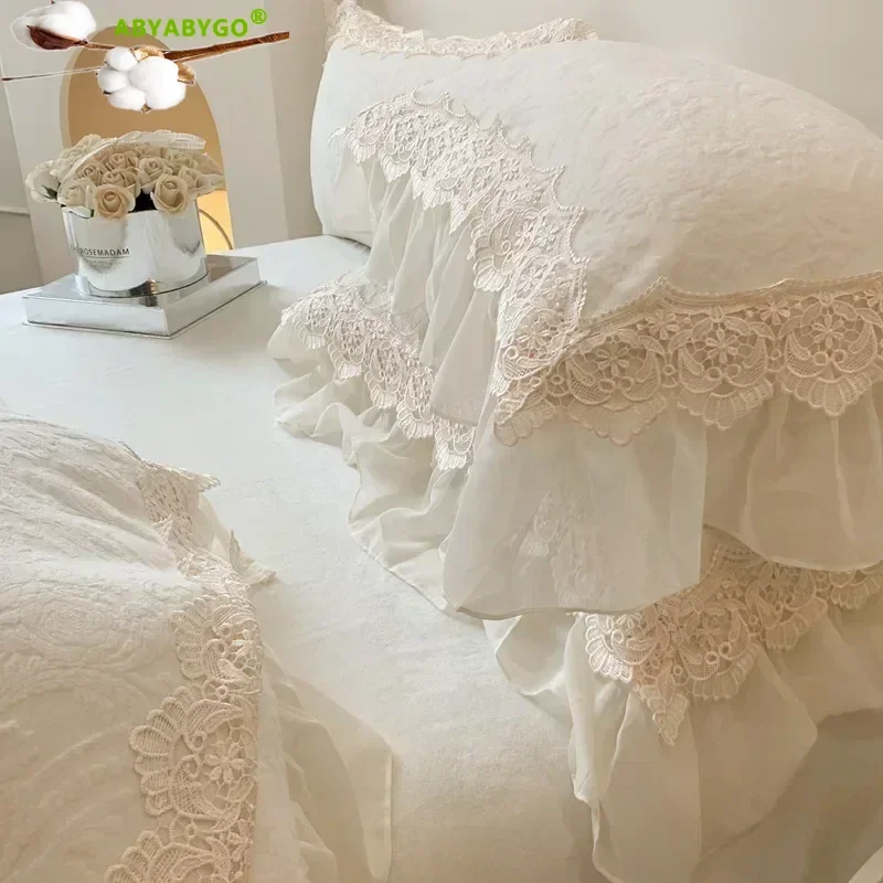 French Vintage Double Layer Lace Ruffles Carved Velvet Duvet Cover