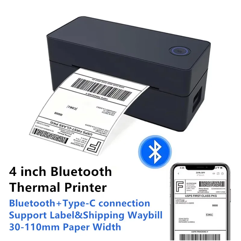 4-inch USB Bluetooth Thermal Label Printer Inkless 203DPI 4x6 Waybill for Small Business High Speed Android iOS Windows Mac