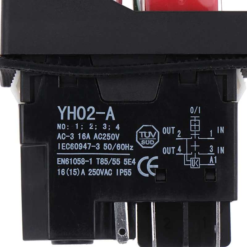 YH02A 250VAC Elektromagnetische Drucktastenschalter, Startschalter für Maschinen und Werkzeugausrüstung, wasserdichter Sicherheitsschalter IP55 16A – Detail 3
