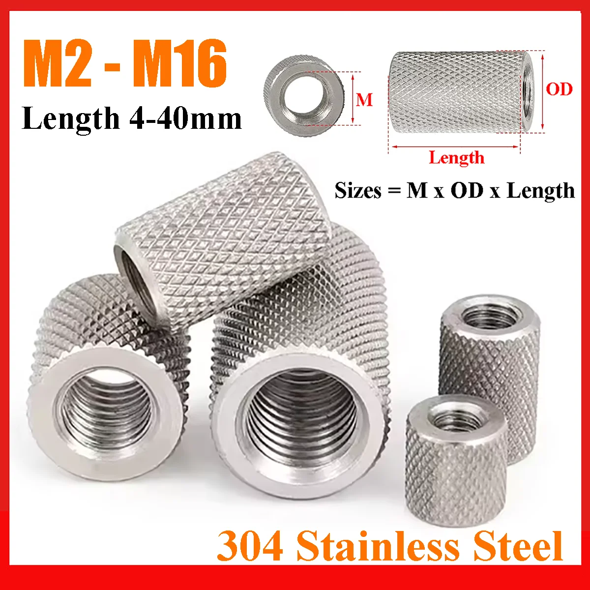 Knurled Round Coupling Nut 304 Stainless Steel M2 M2.5 M3 M4 M5 M6 M8 M10 M12 M14 M16 Long Extenion Thumb Tighten Nuts
