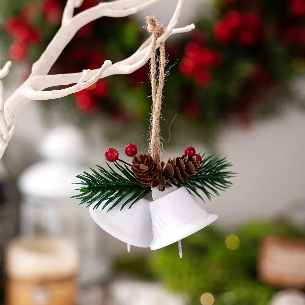 Retro Metal Christmas Jingle Bells Double Horn Handcrafted Christmas Hanging Bells Berry Leaves Multi-color Memorial Ornament