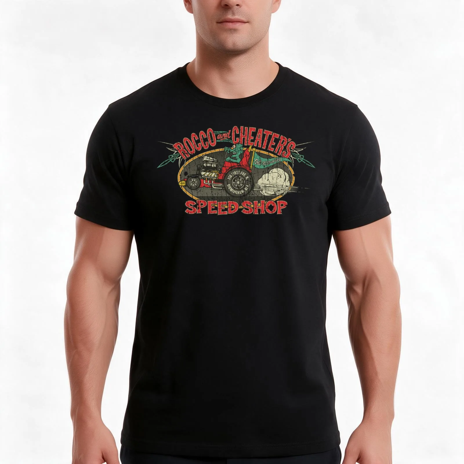 Rocco & Cheater's Speed Shop 1944 T-Shirt, Summer Casual Cotton Tee, Oversized Streetwear Tops, Vintage Graphic Print
