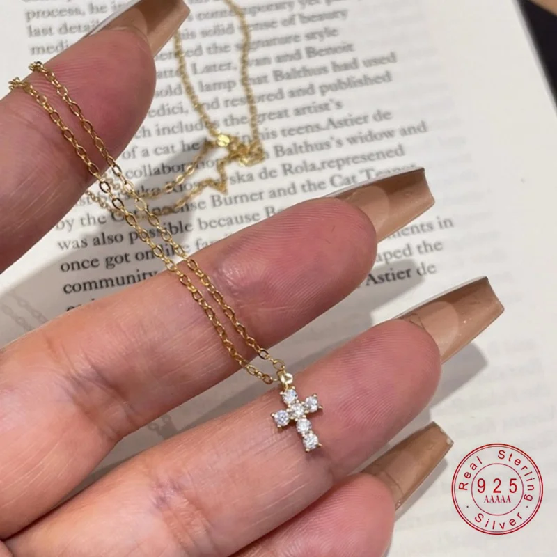925 Sterling Silver Electroplated Real Gold Inlaid Zircon Cross Pendant Necklace for Women Fashionable Temperament Jewelry Gifts