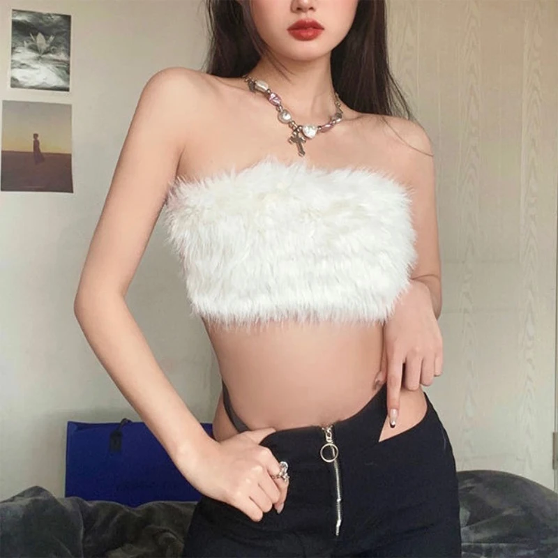 New Women Fuzzy Fur Crop Top Y2K Camisole Vest Sexy Bustier Corset Sleeveless Slim Fit Knit Tank Top for Party Club Daily Wear - view 2