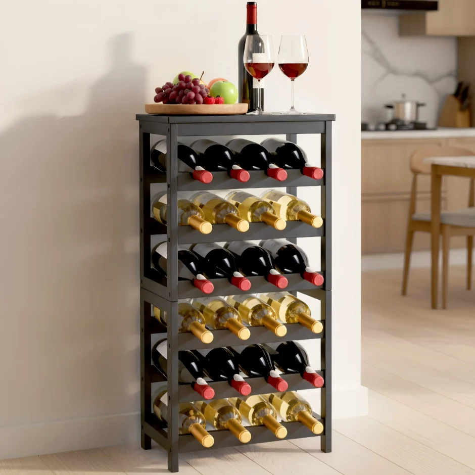 

24 Bottle Detachable Wine Rack 6-Tier Freestanding Floor Display Storage Shelves with Table Top Black for Kitchen Cellar Bar