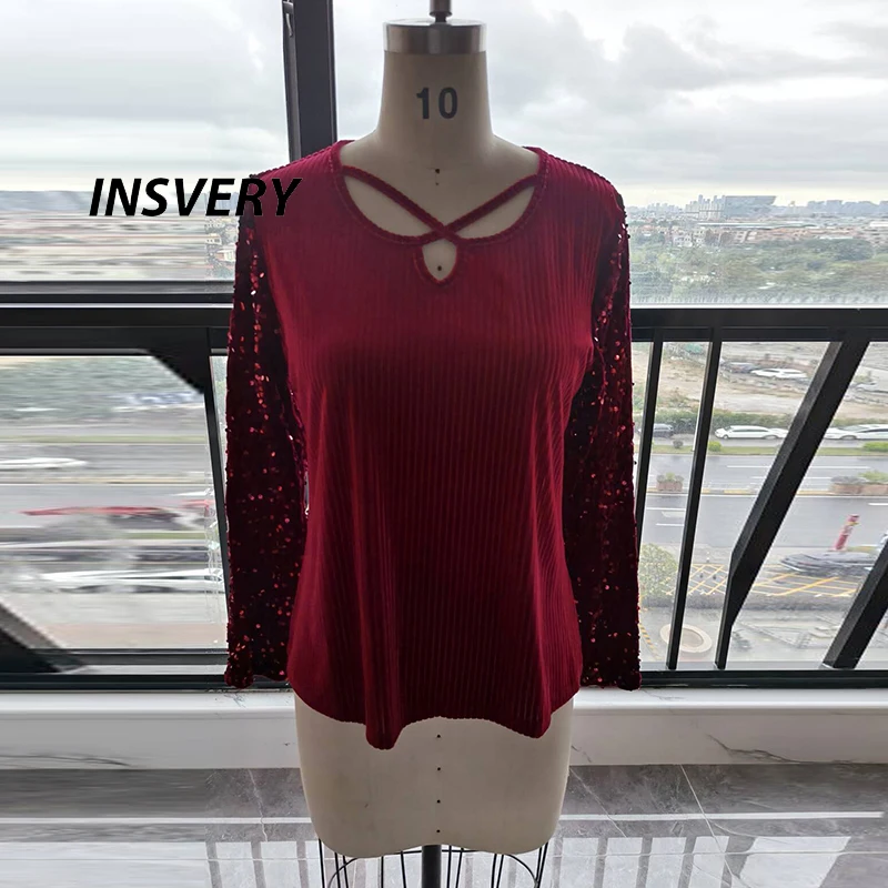 

New Elegant Sequins Shirt Women V Neck Long Sleeve T-Shirts For Women Fashion Autumn Knitwear Female Tee Christmas Tops Pullover