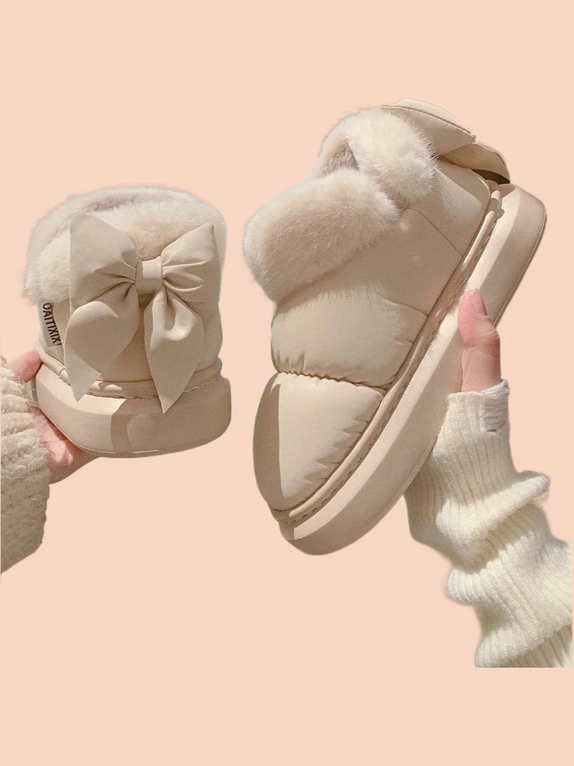

Women Bow Knot Short Ankle Snow Boots Winter Plush And Thick Insulation Waterproof PU Cotton Household Shoes Home Slipper