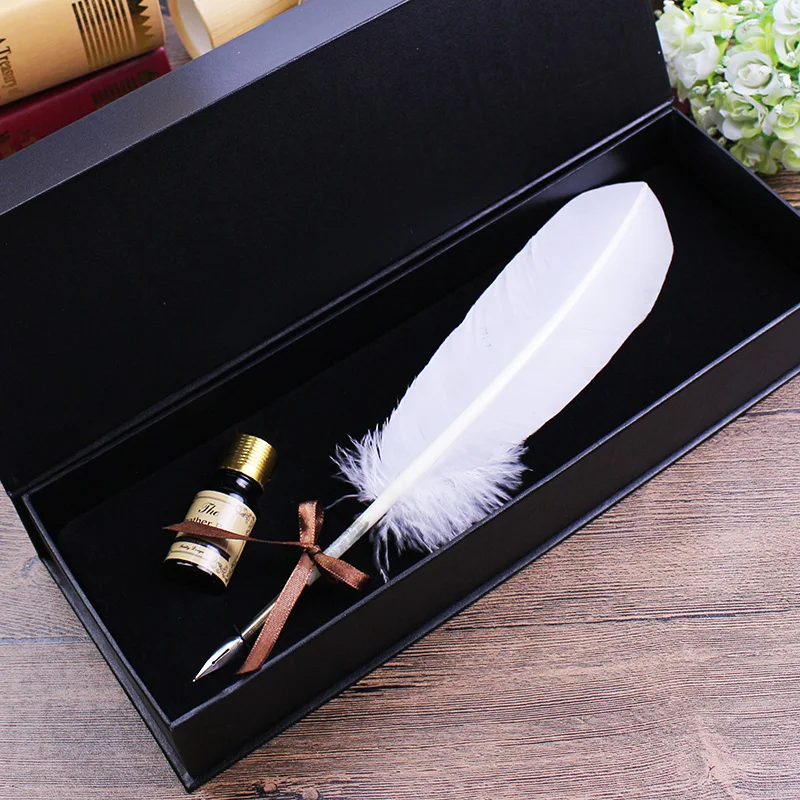 1 Set Retro Quill Dip Pen Turquia White Feather Pen Presente Escrita Ferramentas Office School Supply Presente de Aniversário