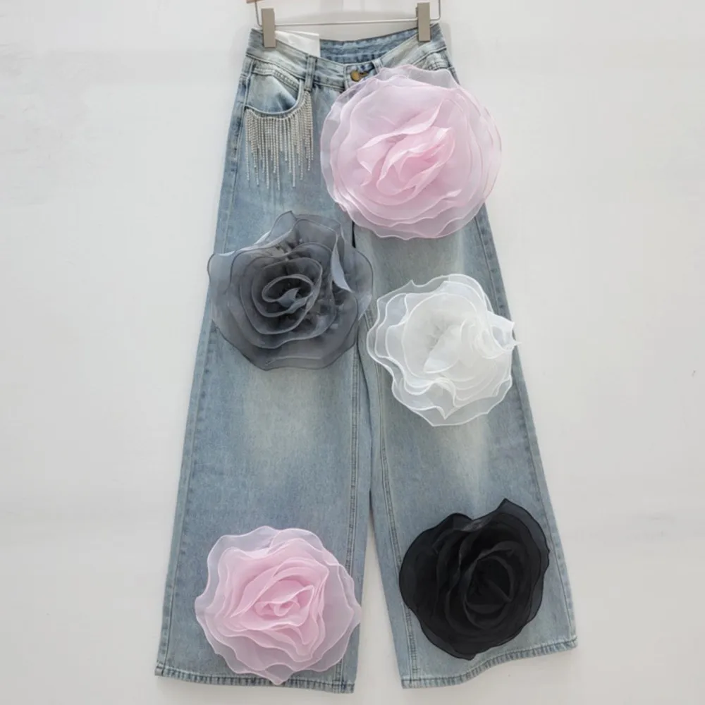 Jeans a vita alta per donna pantaloni a gamba larga a gamba dritta pantaloni donna moda fiore tridimensionale multicolore