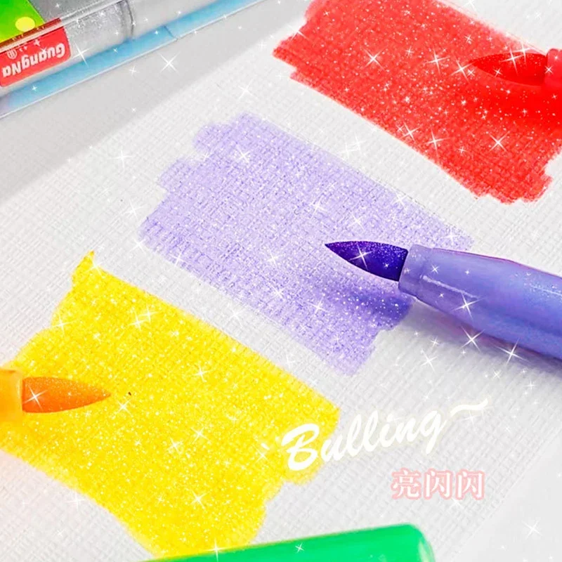 Imagem -03 - Guangna-glitter Highlighter Pen com Pincel Marcadores Finos Pintura Maker Artigos de Papelaria Ferramentas de Escrita Flash 12 Pcs