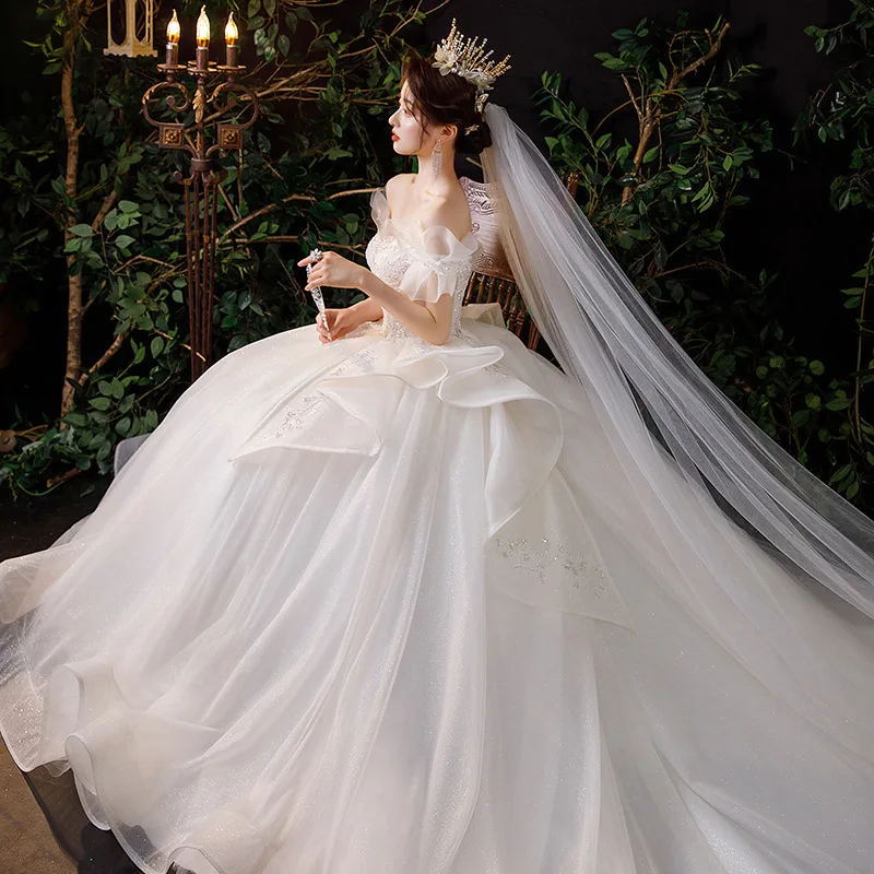 Vestido de Noiva Off The Shoulder Lace Up Back Short Sleeve Shiny Beading Crystal Tulle Princess Ball Gown Tail Wedding Dresses