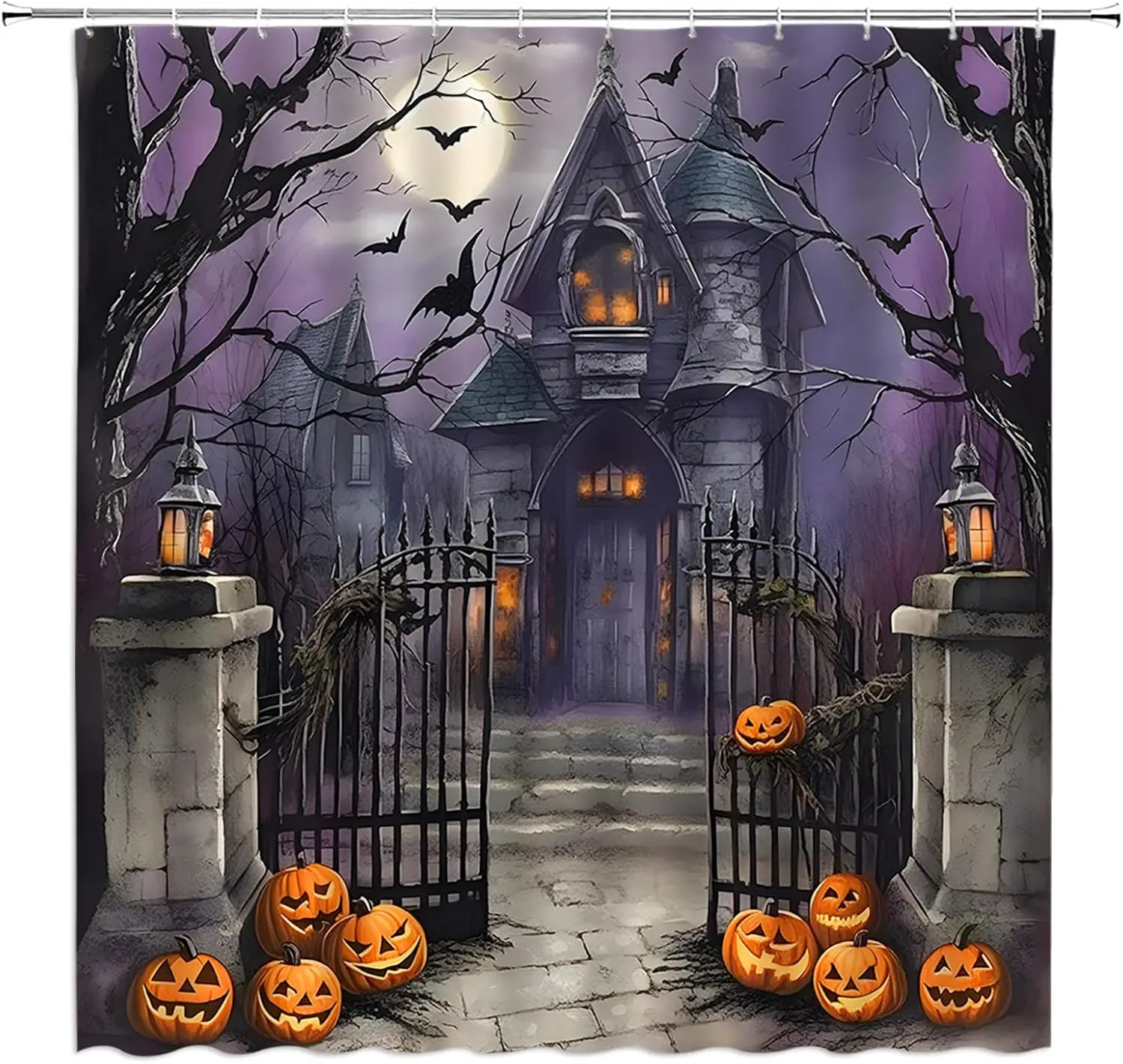 Halloween Shower Curtain Scary Night Full Moon Black Dead Tree Gothic Haunted House Castle Pumpkin Courtyard Door Happy