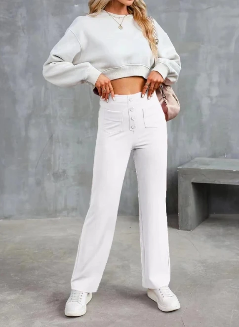 Casual High Waisted Straight Leg Pants with High Waisted Buttons Elastic Slim Fit with Multiple Pockets for Women\'s Commut Pants