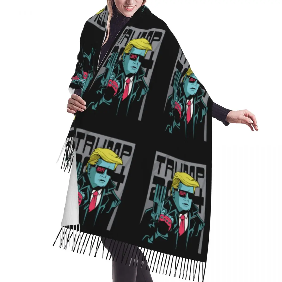 Parody Quote Trump 2024 Comic Style Nicolas Fourez Art Scarf Wrap for Women Winter Fall Warm Tassel Shawl America US Scarves