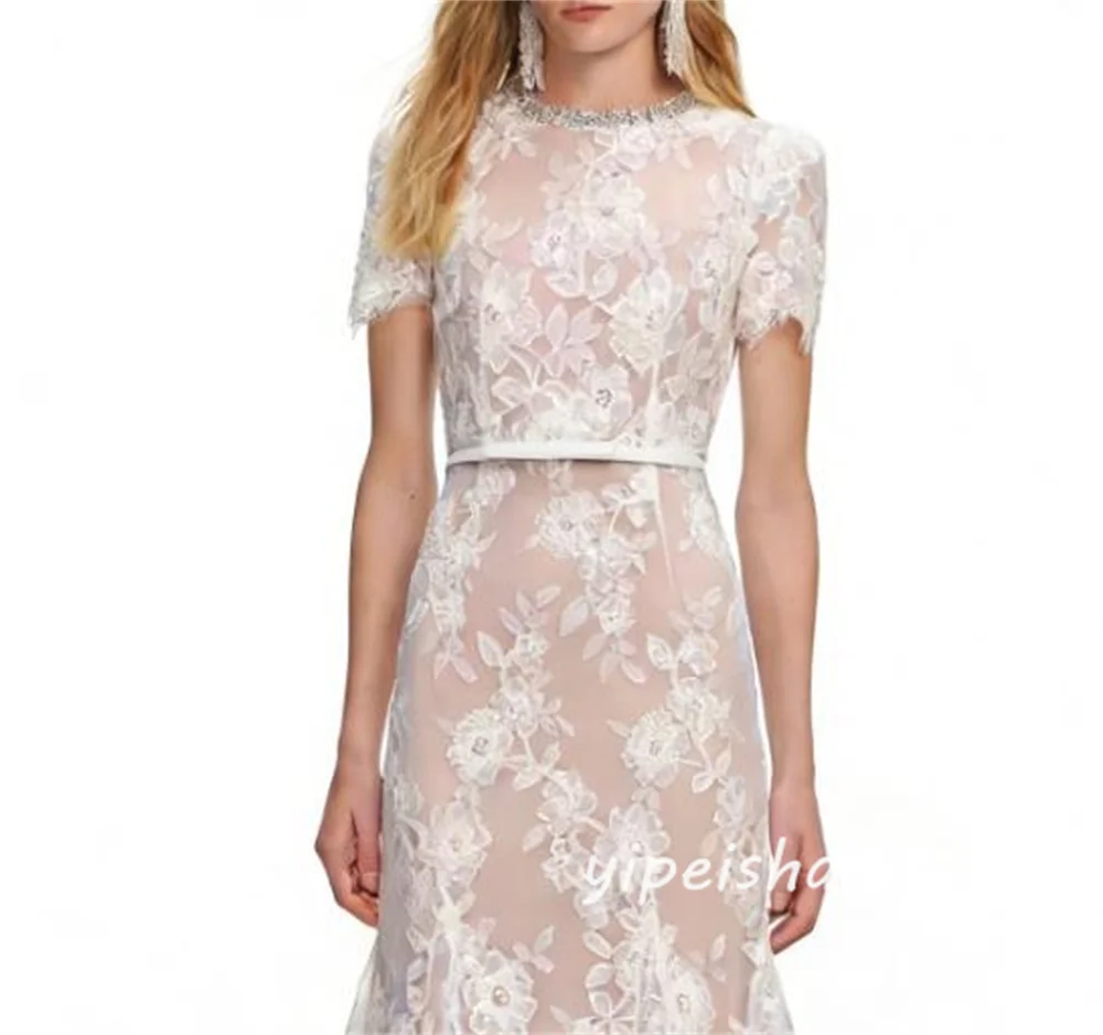Customized Fashion Casual Lace Sash Rhinestone Pleat Ruched Mermaid High Collar Tea Length Evening Dresses for Woman Formal image 5