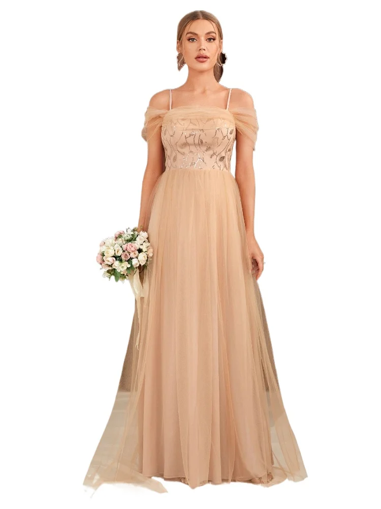 

Elegant Open Back Spaghetti Straps Sequined Long Mesh Formal Evening Dress Apricot