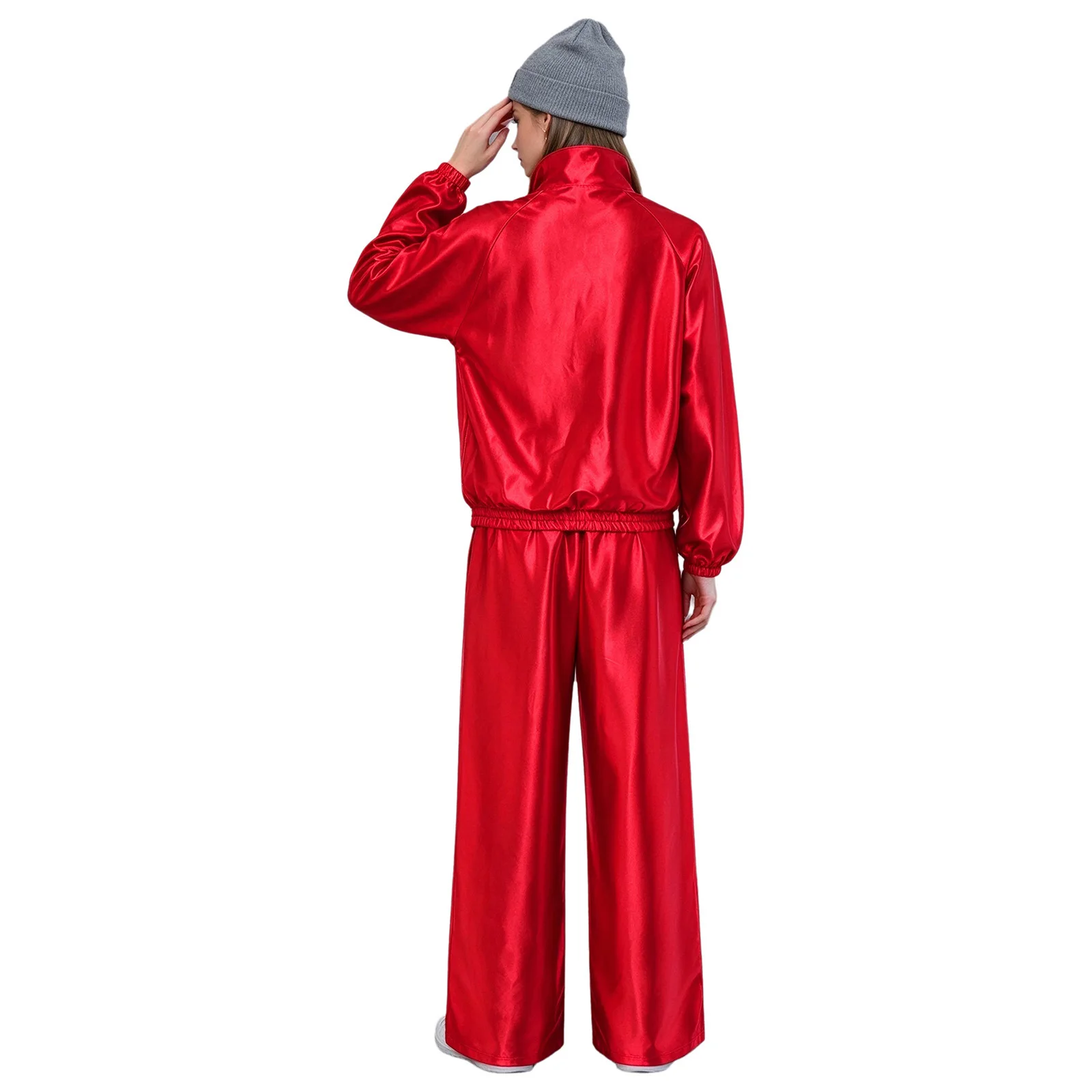 Women Fashion Street Dance Outfits Streetwear Satin Tracksuit Stand Collar Long Sleeve Sweatshirt Jacket And Wide Leg Pants