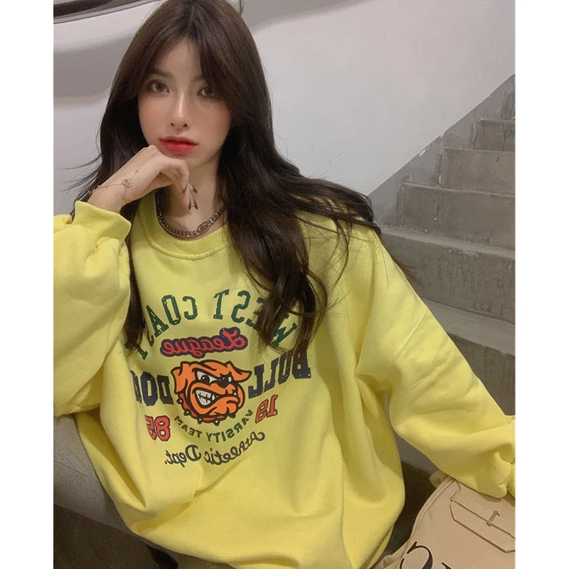 Women Orange Sweatshirt Letter Printing Crew Neck Fashion Oversized Baggy Vintage Thicken Long Sleeves Pullover Tops Winter