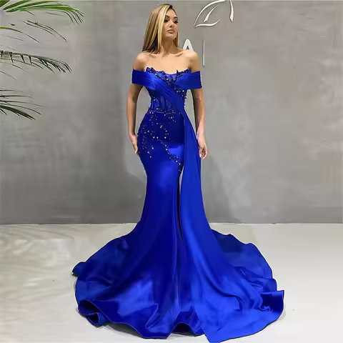 Royal Blue Elegant Prom Dress Off The Shoulder Beading Glitter Luxury Mermaid Party Dress Floor Length Evening Gown Customized