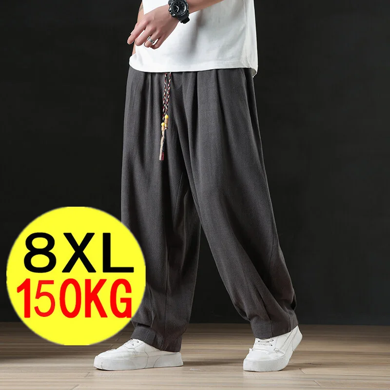 Men's Plus Size Linen Pants Summer Baggy Harem Pants Loose Wide Leg Trousers Casual Breathable Cotton Linen Lantern Pants