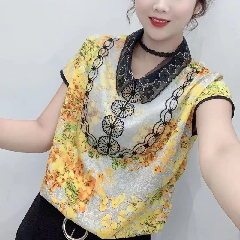 2023 Summer New Turn-down Collar Short Sleeve Vintage Elegant Printing Chiffon Shirt Women High Street Y2K All-match Pullovers