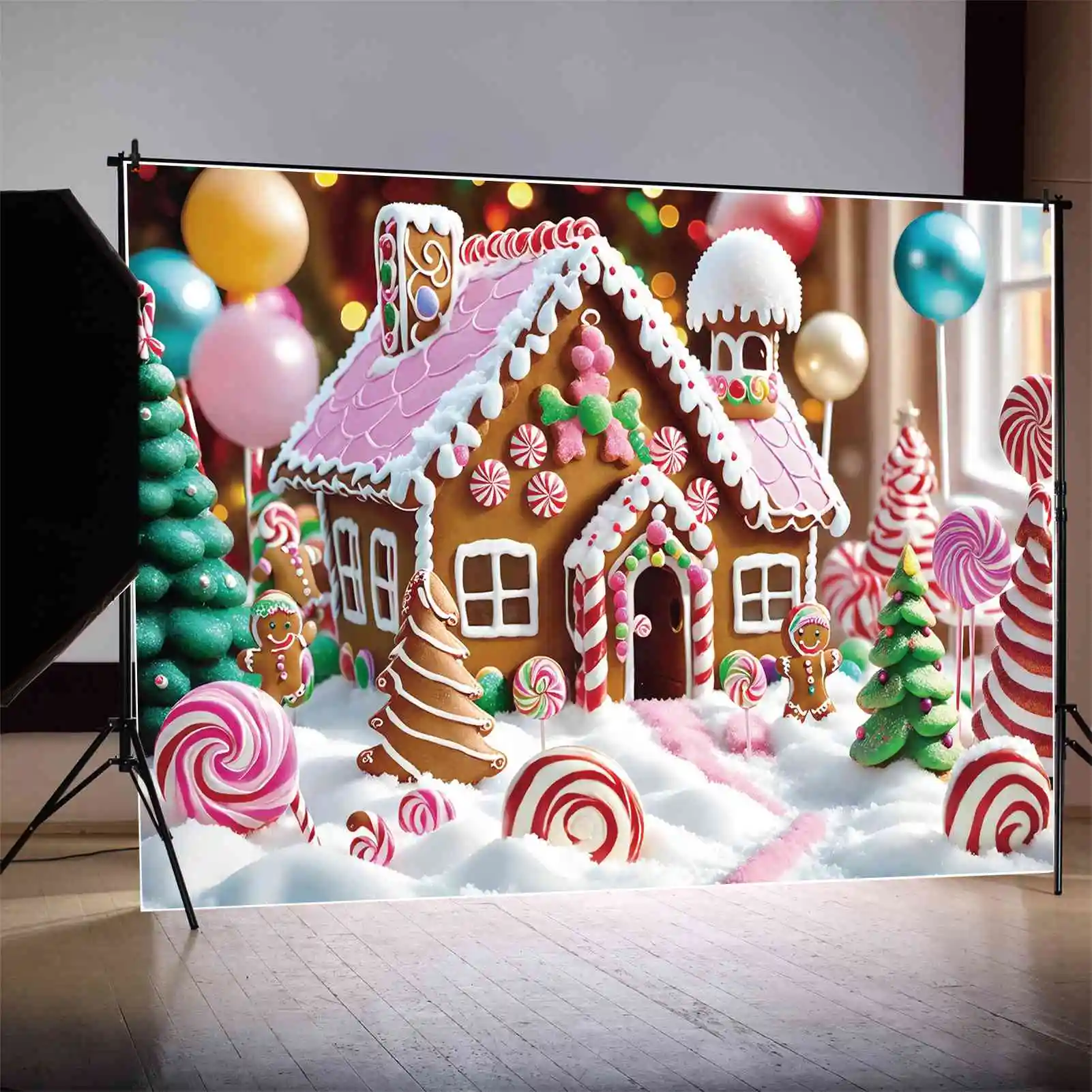 MOON.QG Backdrop Baby Christmas Party Photozone Background Children Gingerbread House Candyland Home Lollipop Photography Props