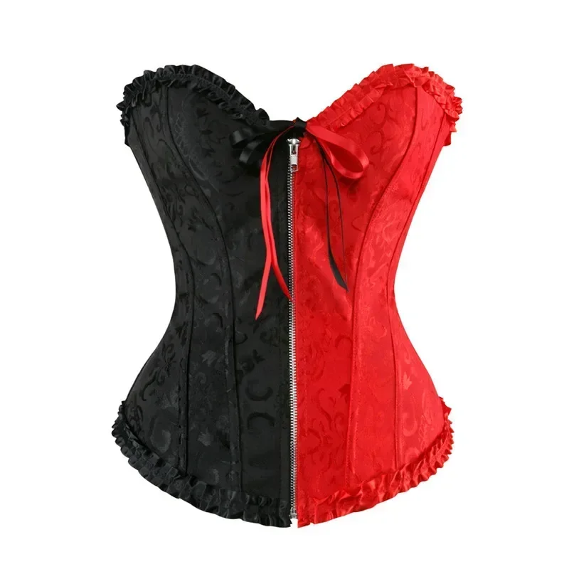 Plus Size Women Corset Top Bustier Overbust Sexy Lace up Zipper Floral Lingerie Vintage Victorian Fashion Black Red