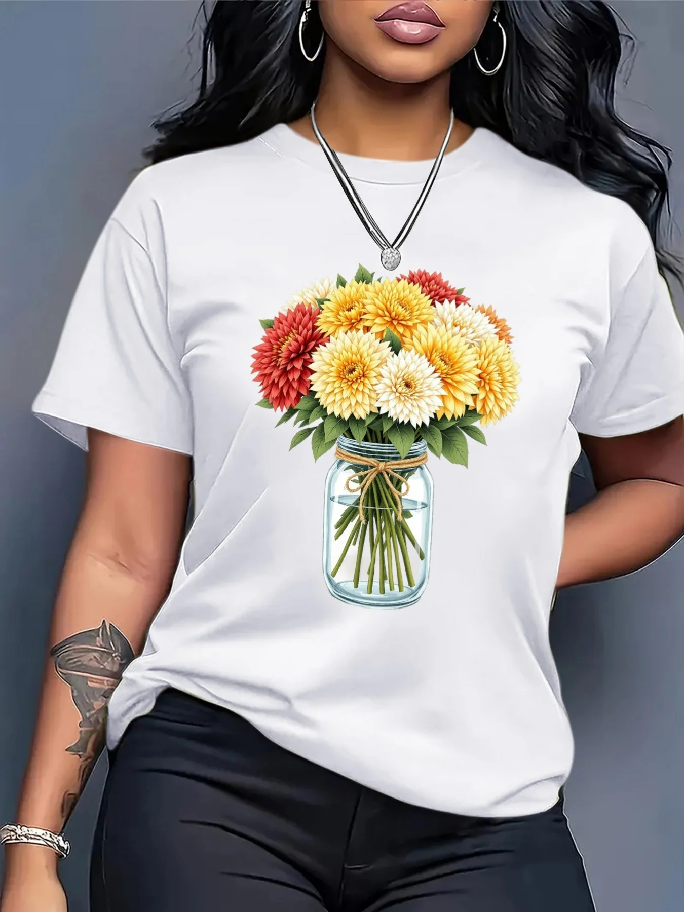 Women's Heavyweight T-Shirt - Black Yellow Floral Daisies Print Short Sleeve Round Neck Fit Casual Top -Season Layering Blouse