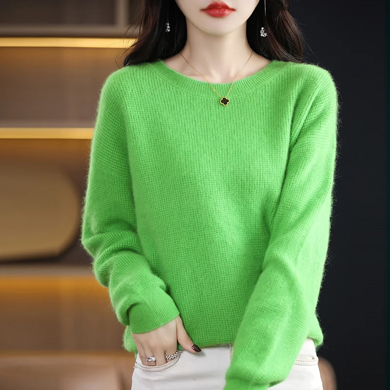 Lngot Needle Mink Cashmere Sweater Women\'s O-Neck Pullover Knit Loose Large Size Long Sleeve Autumn and Winter With Warm Base