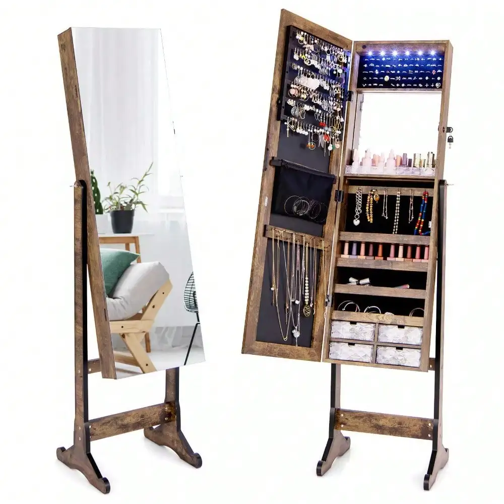 

Jewelry Cabinet Armoire Full Length Frameless Mirror Lockable W/ Lights Brown