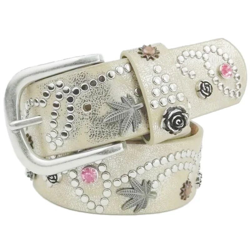 Women Belt Luxury Brand Designer Leaves Flowers Rhinestone Rivets Pin Buckle PU Leather Belts for Women Jeans Waistband
